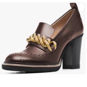 YDN Brown Chunky High Heels Round Toe Oxford Chain Loafer Shoes Slip On Pumps